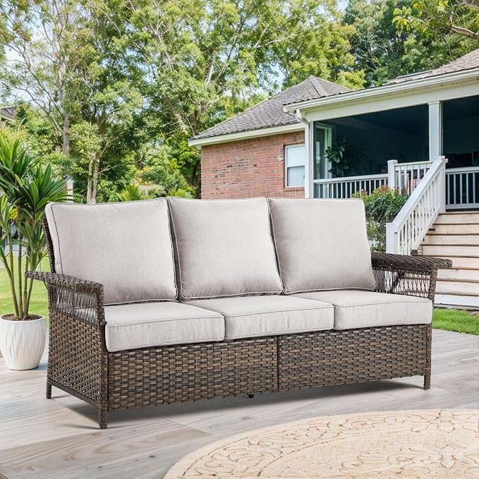 Patio Furniture Set with Fire Pit Table, 6PCS Patio Conversation Set Brown Resin Wicker Patio Chair Sofa Ottoman with 43in Rectangular Iron Outdoor Fire Table PE Rattan Furniture