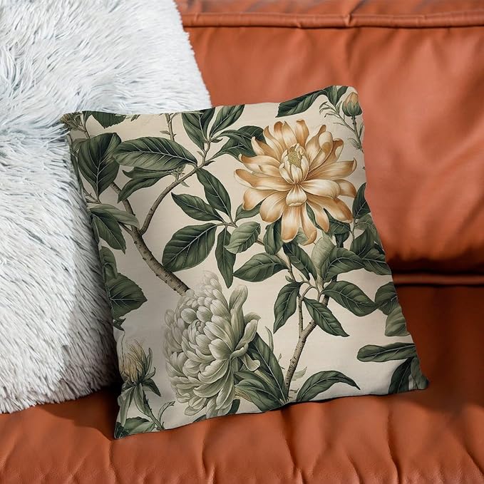 Green and White Chinoiserie Floral Pillow Cover Golden Lotus Flower Throw Pillow Covers 18x18 INAbstract Accent Modern Decorative Pillow Covers for Patio Furniture Garden