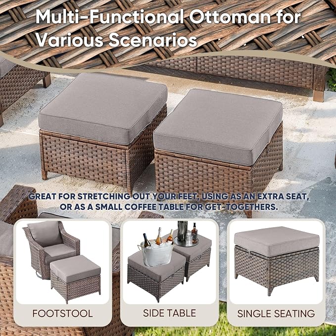 5 Pieces Patio Conversation Sets-Outdoor Furniture All Weather Wicker Couch with Swivel Glider Chair Patio Conversation Set for Porch Garden Backyard Poolside-Brown/Grey