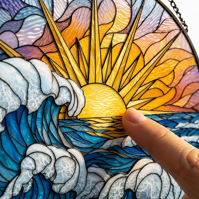 Deluxe Bundle | Stained Glass Window Hanging, Ocean Sunrise 3D Embossed Diamond Glass Suncatcher, 7-Piece Coastal Gift Set with Crystal Pendant & Invisible Hooks