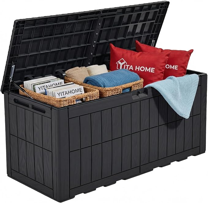YITAHOME 110 Gallon Outdoor Deck Box, Waterproof Resin Storage Box with Lock, Lockable Patio Furniture Bin, 2-Person Bench Seating for Outdoor Cushions, Garden Tools & Sports/Pool Supplies, Dark Gray