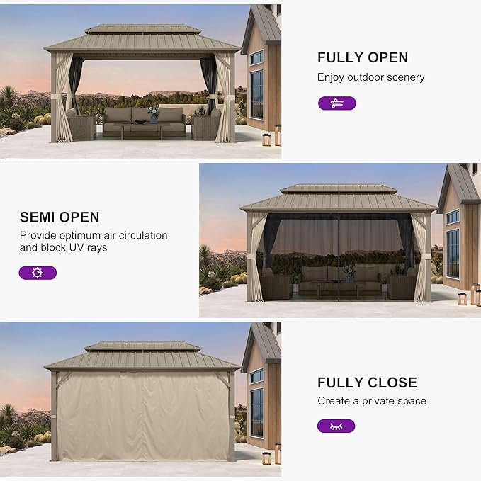 PURPLE LEAF 8' x 14' Outdoor Hardtop Gazebo, Champagne Metal Gazebo with Galvanized Steel Double Roof, Curtains and Netting for Patio Lawn and Garden