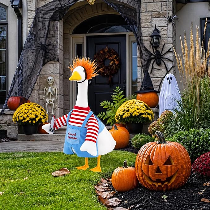 Halloween Goose Outfit Scary Porch Goose Costumes for Outdoor Decor | for 23''H Plastic/Cement Statues, Halloween Geese Jumpsuit Overalls Clothes Lawn Patio Yard Decorations