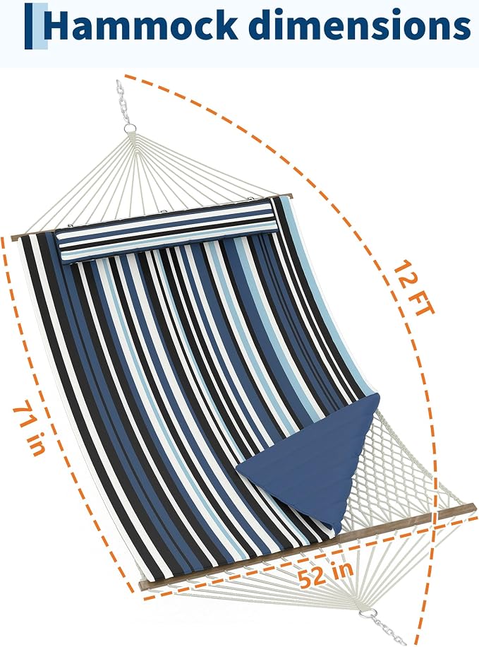 2 Person Outdoor Hammock with Stand - Cotton Rope & Polyester Pad - Adjustable Steel Frame - Relaxing Patio, Garden, Beach Lounger - Dark & Light Blue Stripes