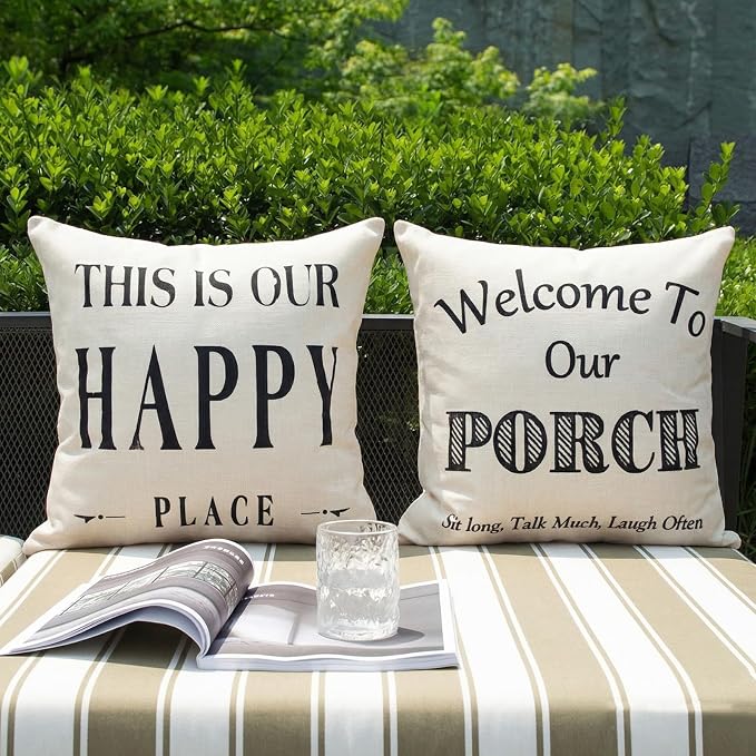 JOJOGOGO Welcome to Our Porch Outdoor Pillow Covers Waterproof 18x18 Set of 2, Decorative Farmhouse Outdoor Throw Pillows 18 x 18, Back Porch Decor Patio Furniture Pillows (This is Our Happy Place)
