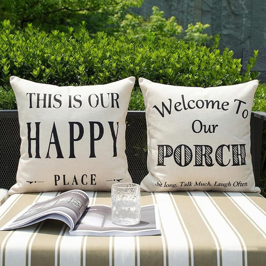 JOJOGOGO Welcome to Our Porch Outdoor Pillow Covers Waterproof 18x18 Set of 2, Decorative Farmhouse Outdoor Throw Pillows 18 x 18, Back Porch Decor Patio Furniture Pillows (This is Our Happy Place)