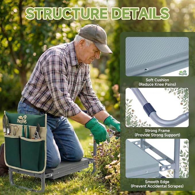 2-in-1 Heavy Duty Foldable Garden Kneeler And Stool With EVA Pad, Green | Wider Thicker Soft Foam Cushioning Includes Exclusive Storage Tool Bag Plus Color Gift Box Ideal Present For Seniors