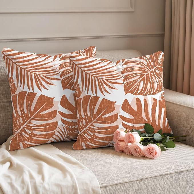 Burnt Orange Palm Leaves Outdoor Pillow Covers 26"x26" Set of 2, Tropical Botanical Minimalist Modern Waterproof Throw Pillow Covers for Patio Furniture, Decorative Cushion Covers for Porch