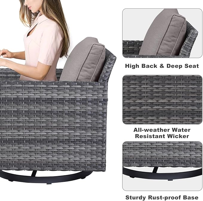 Belord Outdoor Bistro Set 3 Piece Wicker Swivel Rocker Patio Chairs, Oversize Outdoor Rattan Seating Set, Patio Swivel Glider Chairs Wicker Furniture with Metal Side Table for Outside Porch Backyard