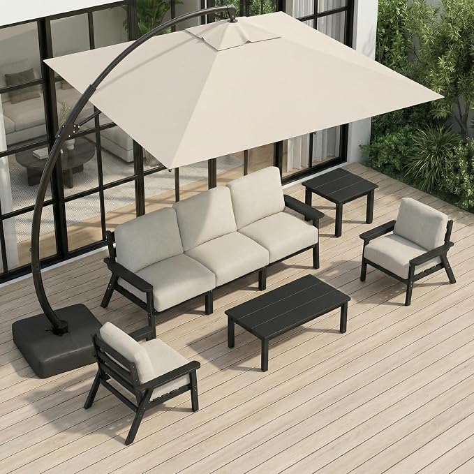 HDPE Patio Furniture Set 5 Seats with Cantilever Umbrella, Outdoor Couch with Washable Thick Beige Cushions & Tables, Outdoor Sectional Furniture for Deck, Lawn, Porch (Black Frame)