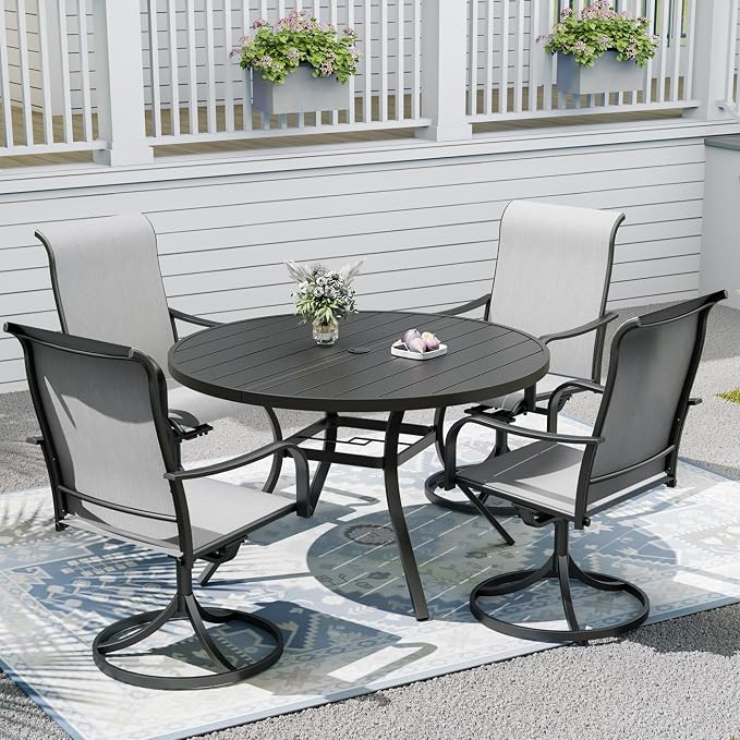 Outdoor Dining Table with 4PCS Swivel Chairs,48" Round Patio Table with Adjustable Umbrella Hole,Stable Patio Dining Set for Home or Outside