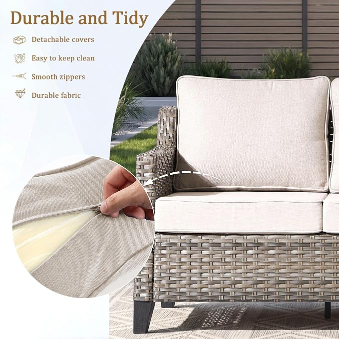 Luxury Patio Furniture Sofa Set - 3 Pieces All Weather Wicker Outdoor Couch and High Back Patio Sofa with 2 footstools for Deck Yard and Poolside Gray Wicker | Beige Cushions