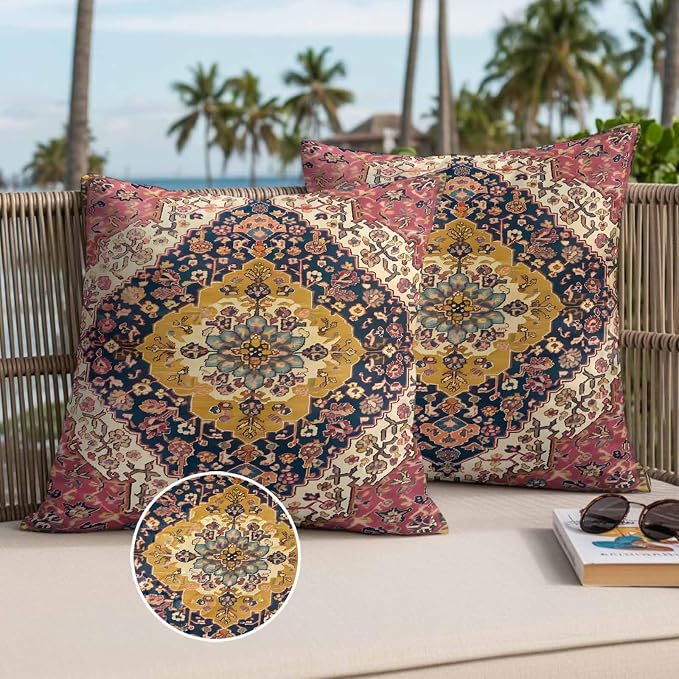 Southwest Aztec Waterproof Outdoor Pillow Covers Set of 2 Home Decor, Boho Tribe Traditional Floral Patterned Pillowcase Patio Pillow Covers for Couch Bench Furniture Garden 24x24in