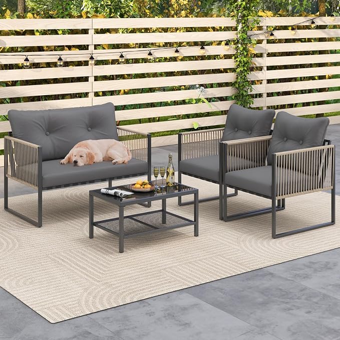 Tangkula 8 Pieces Patio Furniture Set, Outdoor PE Rattan Conversation Sofa Set with Thick Cushions and 2-Tier Tempered Glass Coffee Table for Garden, Porch, Balcony and Backyard