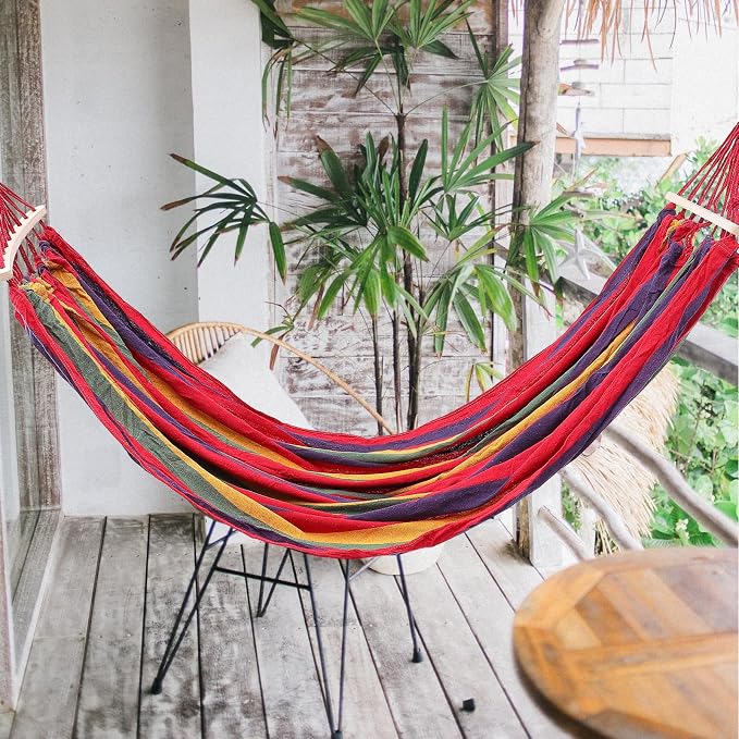 KALLORY Outdoor Striped Canvas Camping Hammock with Curved Rod and Duckbill Buckle, Single Portable Travel Hammock 190x150cm with Hanging Ropes and Storage Bag for Hiking and Backyard Use