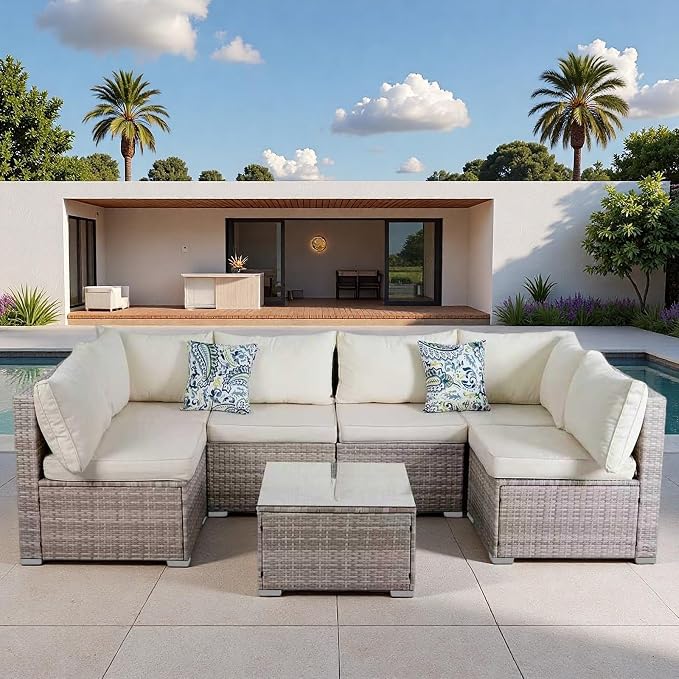 7 Piece Patio Furniture Sets, Rattan Conversation Sectional Set with Glass Table Outdoor Patio Sofa with Thick, Washable Cushions, for the Backyard, Poolside, Garden (Gray-Beige)