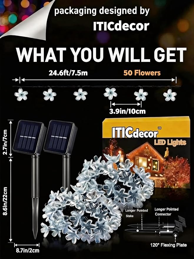 ITICdecor 2 Pack 50 LED Solar String Lights Outdoor Waterproof Flower Solar Lights for Garden Yard Fence Patio Christmas Tree Wedding Party Decor(Multicolor)