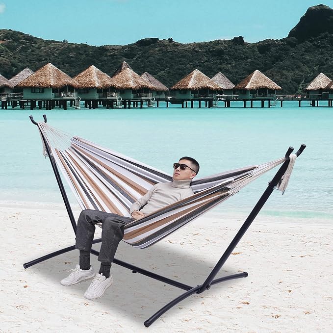 Double Classic Hammock with Stand for 2 Person- Indoor or Outdoor Use-with Carrying Pouch-Powder-Coated Steel Frame - Durable 450 Pound Capacity，Brown/Gray Striped