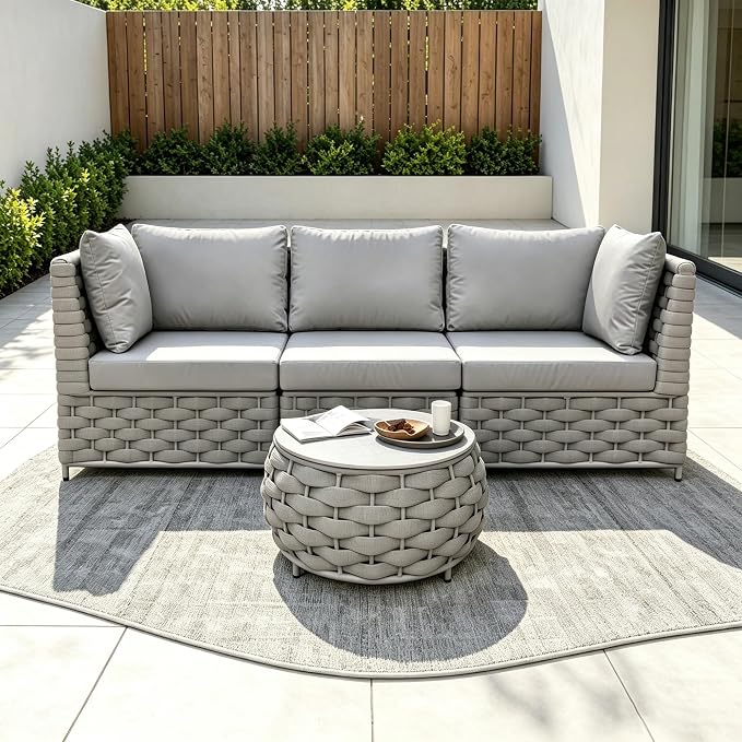 Khaki Gray 3-Seat Modular Outdoor Sofa Set with Round Coffee Table, All Weather Woven Rope Patio Sectional Couch with Cushions for Backyard Balcony Deck