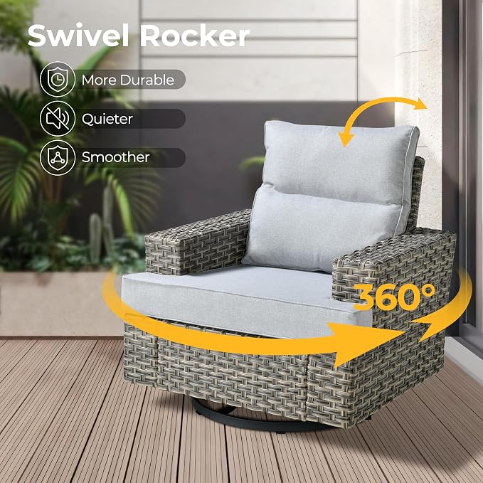 HOOOWOOO Outdoor Sectional Patio Furniture Set with Fire Pit Table,15 Pieces Wicker Conversation Sets L Shaped Couch,Extra Deep Out Door Sofa Outside Furniture with Swivel Chairs Ottomans,Light Gray
