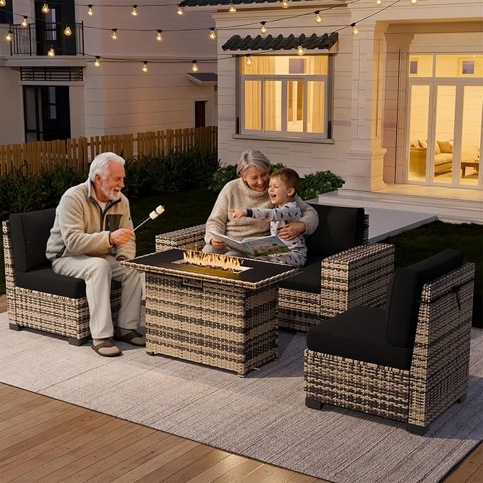 Amopatio 5 Piece Patio Furniture Set with 8" Armrest & 44" Fire Pit Table, Outdoor Wicker Rattan Sectional Sofa Conversation Set for Backyard, Garden, Poolside(Black Cushion)