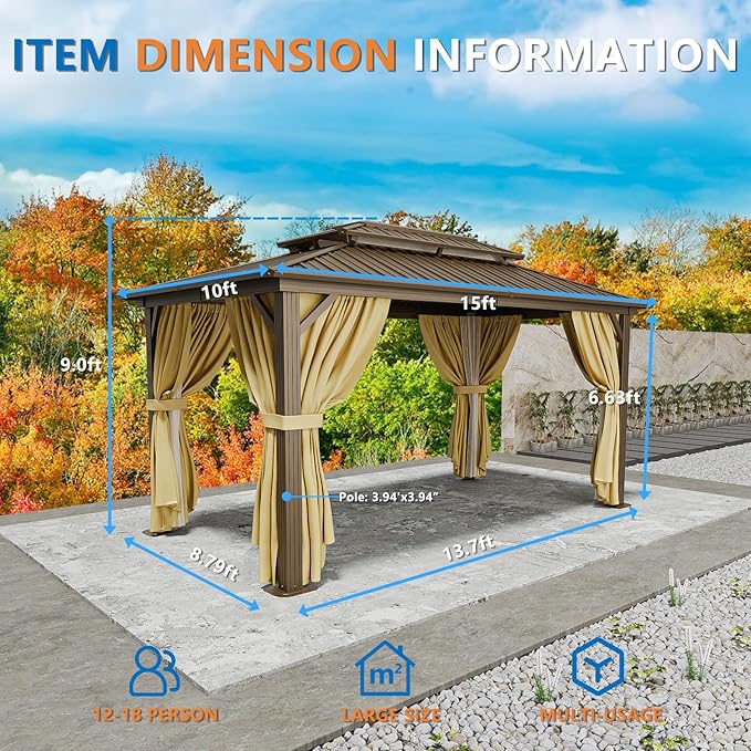 HOTEEL 10x15 Hardtop Gazebo On Clearance with Heavy Duty Galvanized Steel Metal Roof, Patio Hard Top Gazebo with Curtains & Netting,Outdoor Permanent Hot tub Pergola Pavillon for Backyard,Deck,Brown