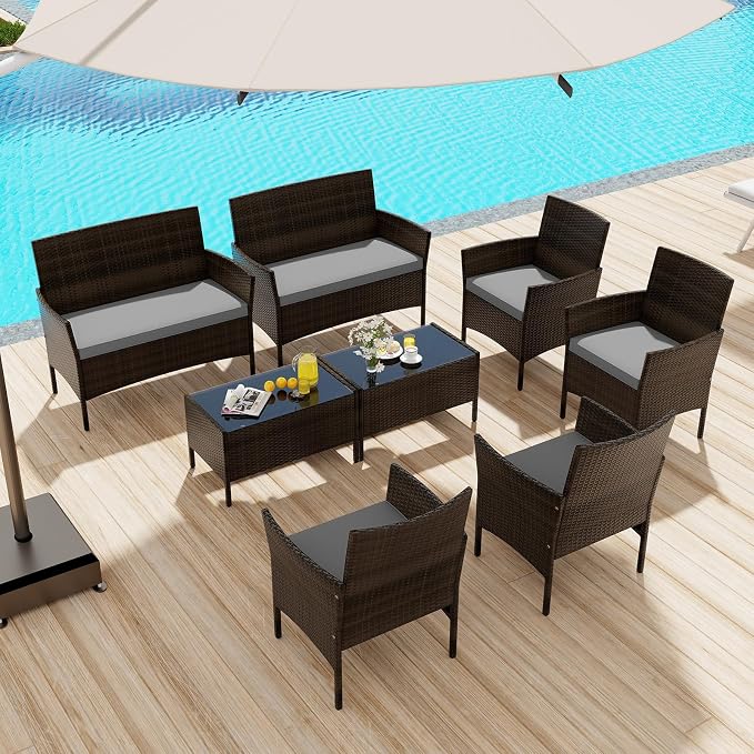 4 Piece Patio Furniture Set, Sectional Conversation Sofa Set with Glass Coffee Table, Cushions & Loveseat, Wicker Outdoor Table and Chairs for Pool, Garden, Deck, Backyard (2, Grey)
