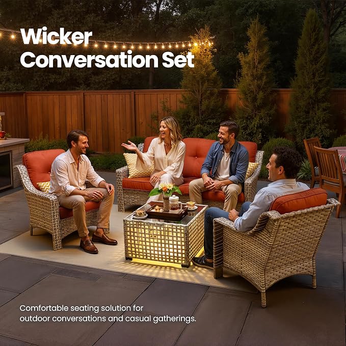 4 Piece Outdoor Patio Furniture Set, All Weather Waterproof Wicker High Back Conversation Set, Two Single Chairs, Solar Light Coffee Table, Outside Furniture for Porch Balcony, Orange