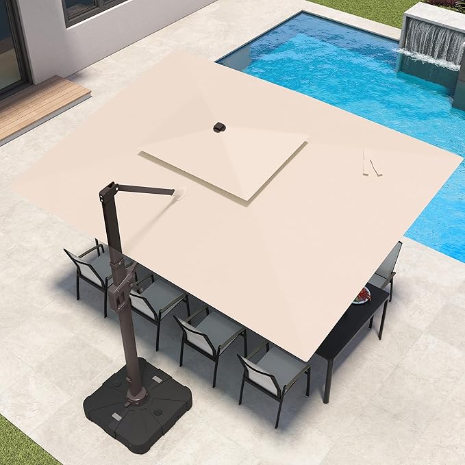 10x13 FT Patio Umbrella with LED Lights Cantilever Outdoor Large Heavy Duty Rectangle Aluminum Offset Umbrellas Double Top 360 Rotation 7 Tilt Adjustment for Pool Deck Garden, Beige