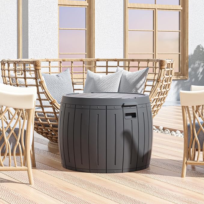 Mrosaa Deck Box Round, Patio Table, Waterproof Outdoor Storage Box for Kid Toys, Patio Furniture, Pool Tools, Outdoor Uses, Sports Equipment, Waterproof and UV Resistant Resin, 27 Gallons Grey
