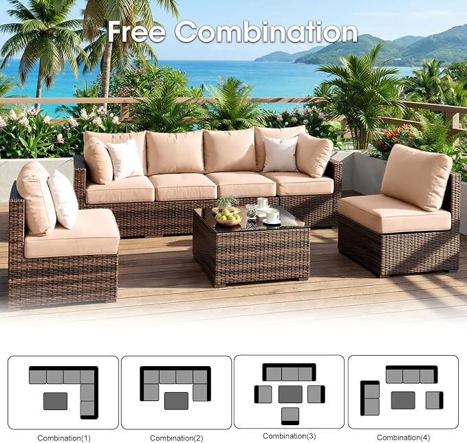 7 Piece Patio Furniture Set, Outdoor Wicker Sectional Sofa - All Weather High Backrest PE Rattan Couch Conversation Set with Cushion & Glass Top Table for Backyard Deck (Beige, L-7 pcs w/Glass Table)