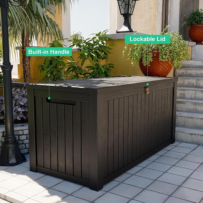 ROJIK Outdoor Storage Housing Deck Box - Waterproof Patio Furniture, Garden Tools, Cushions, Pool Accessories Storage Bench with Lockable Lid and Side Handles (Black, 200 Gal)