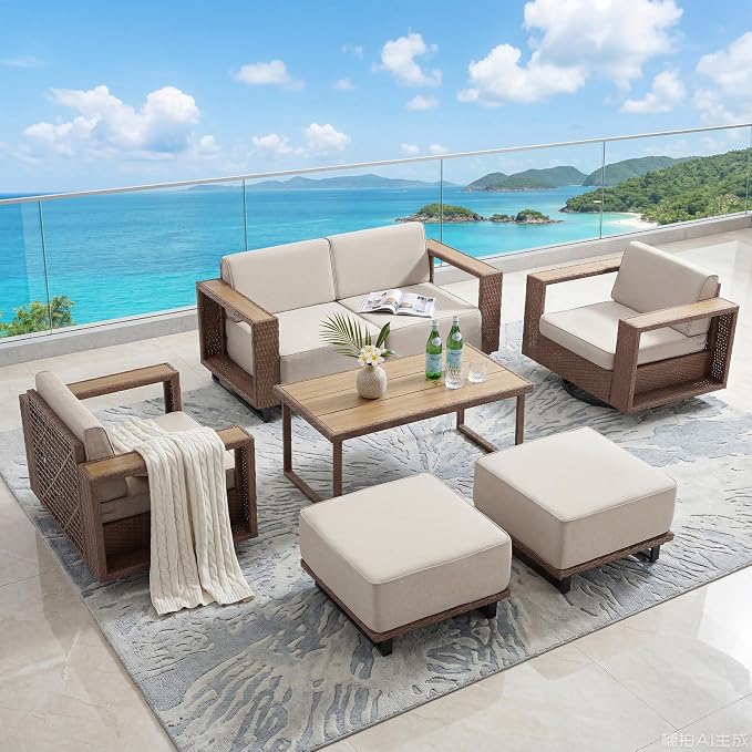 Bonzy Home 6 Piece Patio Furniture Set, Wicker Swivel Chairs Set of 2 with Rattan Side Table and 2 Ottoman & Loveseat Couch, Outdoor Patio Furniture with Extra-Thick Soft Cushions for Porch, Balcony