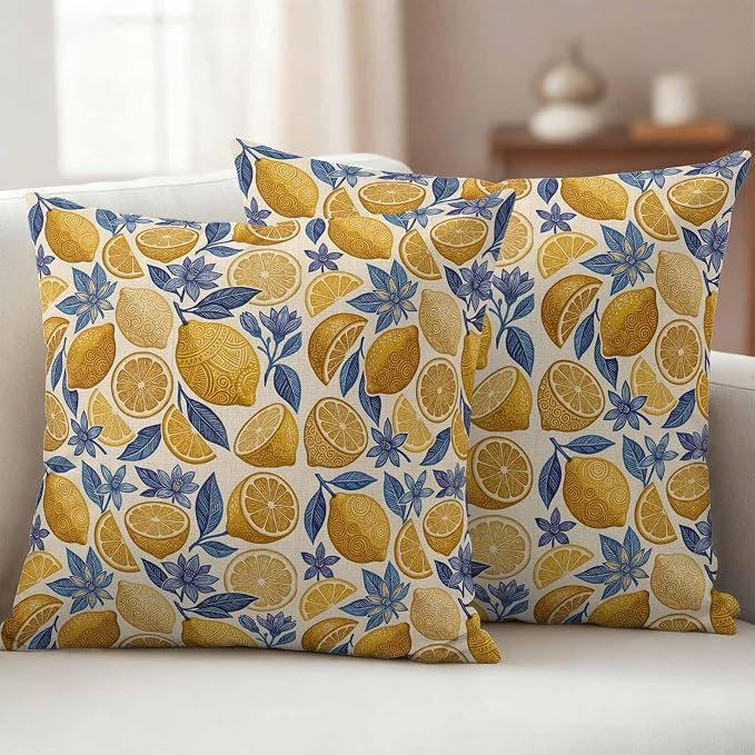 Summer Fruit Outdoor Waterproof Pillow Covers Pack of 2, Watercolor Yellow Lemon Blue Flowers Rustic Retro Throw Pillowcases Decorative Cushion Covers for Garden Patio Tent Sofa Couch, 16x16 inch