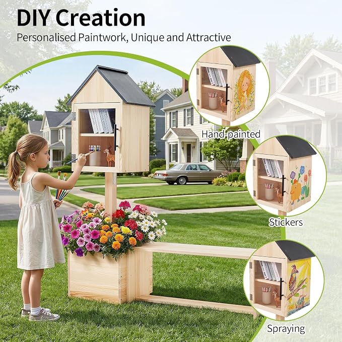 Little Library Box Outdoor with Bench & Planter, 3-in-1 Solid Pine Wood Community Book Exchange Box, Outdoor Neighborhood Library Station with Ground Stakes for School, Garden, Park & Patio