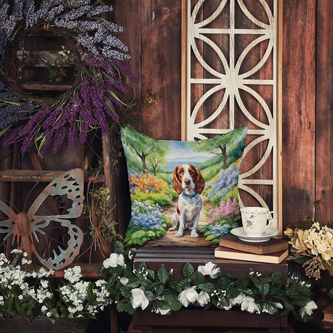 Caroline's Treasures Welsh Springer Spaniel Spring Path Throw Pillow Machine Washable, Indoor Outdoor Decorative Pillow for Couch, Bed or Patio, 18Hx18W