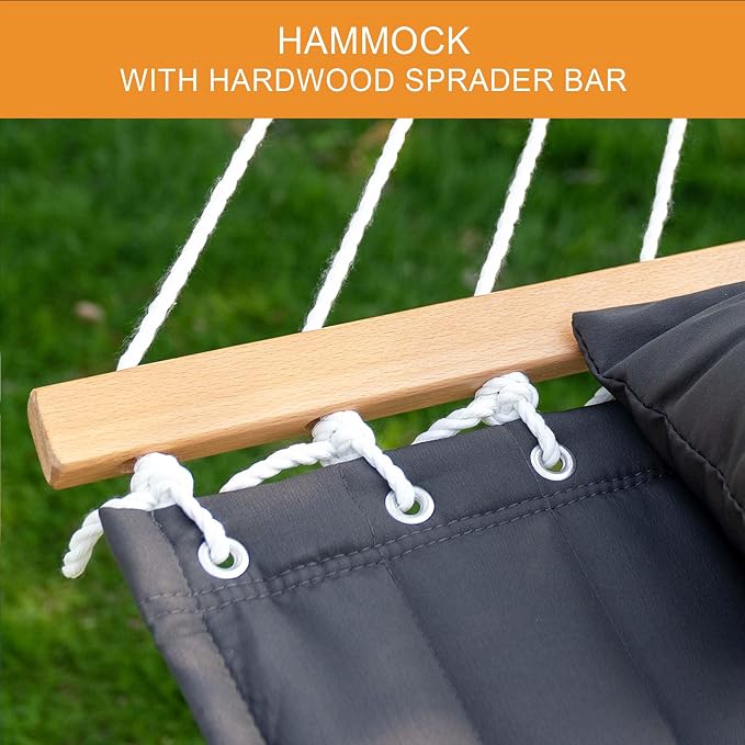Lazy Daze Hammocks 12 FT Double Quilted Fabric Hammock and 13 FT Natural Wood Arc Stand, with Spreader Bar, Removable Pillow, 2 Person Hammock for Poolside Outdoor Patio, 450 lbs Capacity, Dark Gray