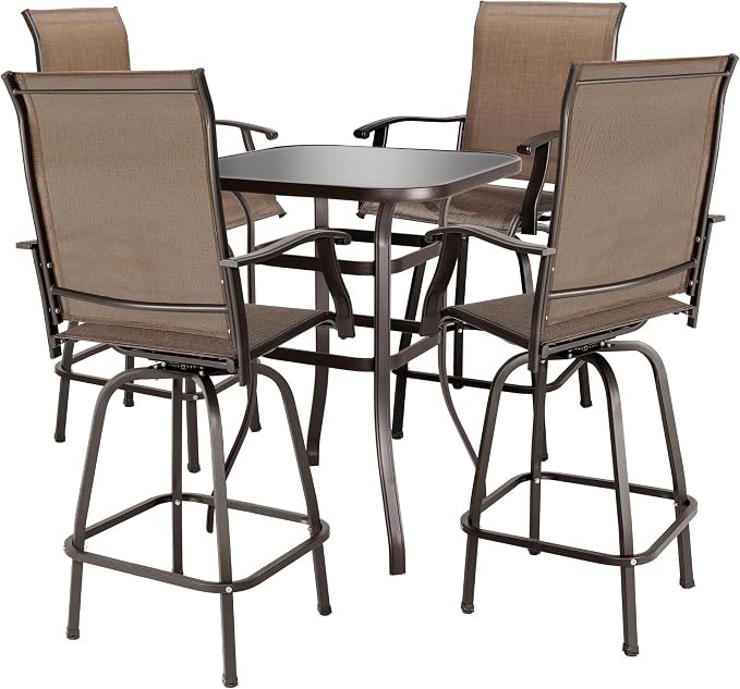 NUU GARDEN 5 Piece Patio Bar Set with Glass Table and 4 Swivel Chairs,Black&Brown