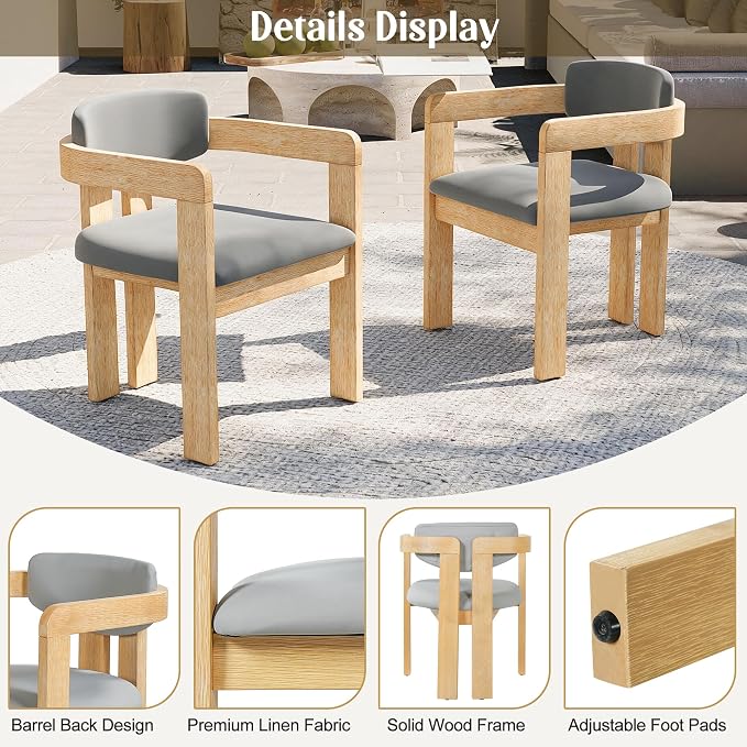 Outdoor Patio Furniture Set of 5, Acacia Wood Round Dining Set with 4 Barrel Chairs & Non-Removable Cushion, 5-Piece Patio Furniture for Backyard Deck Poolside, Acacia Wood + Gray