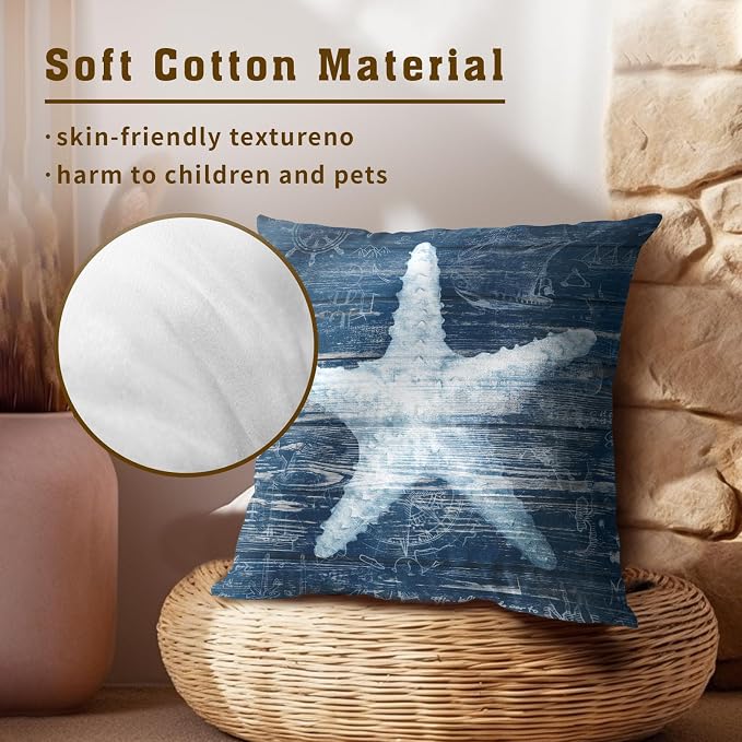 Nautical Coral Starfish Pillow Covers 22x22 Inch, Set of 2 Summer Coastal Beach Navy Blue Wood Cotton Square Pillowcases for Couch Bed Sofa Ocean Themed Seasonal Decoration