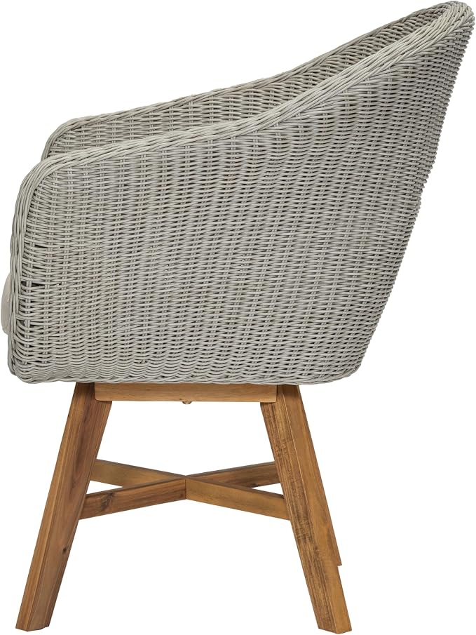 Christopher Knight Home Ambes 7 Piece Acacia Wood Outdoor Dining Set for 6, Patio Dining Table and Chair Set with Curved Rattan Backrest & Cushions, Outdoor Dining Table Set, Beige+Grey Ash+Brown