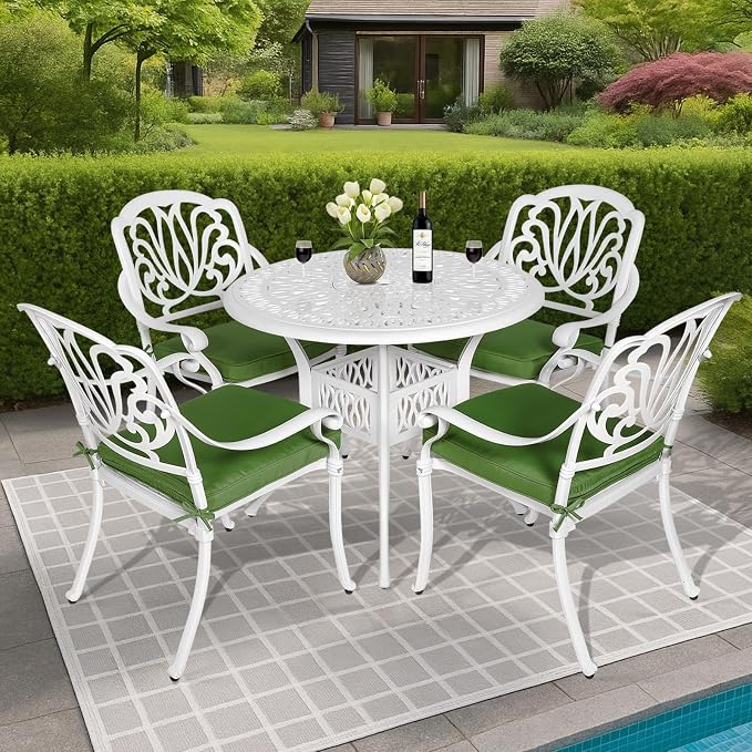 MEETWARM 5 Piece Patio Dining Set, Outdoor All-Weather Cast Aluminum Dining Table Set, Patio Furniture Set, Include 4 Chairs, 4 Cushions and 1 Round Table with Umbrella Hole, White