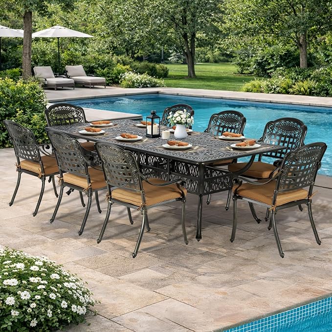 VIVIJASON 9-Piece Outdoor Dining Set, Cast Aluminum Retro Patio Furniture Table and Chairs Set for 8, Include Large 94.5" Rectangular Dining Table and 8 Chairs with Umbrella Hole, Khaki Cushion