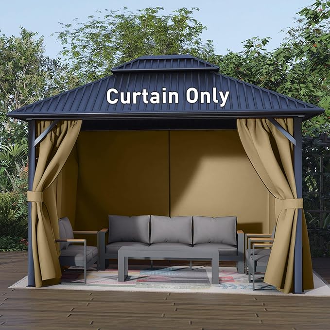 Aoodor 10x10 ft Outdoor Gazebo Curtains, 4 Panels Waterproof Privacy Sidewall Replacement with Zipper for Patio Pergola and Canopy, Khaki