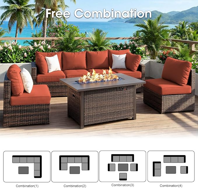Grezone 7 Piece Patio Furniture Set with 44" Fire Pit Table, Outdoor Sectional Couch, PE Rattan Patio Conversation Sets with 4inch Cushions for Backyard Red
