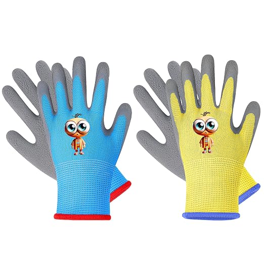LveSunny Kids Gardening Gloves, 2 Pair Toddler Gardening Gloves, Toddler Boy Garden Gloves, Rubber Non-Slip Safety Work Gloves for Kids, Fishing, Cycling and Gardening Tools (Ages 5-7, Yellow & Blue)