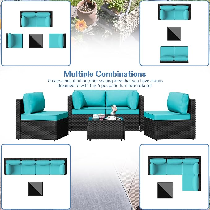 Patio Furniture Sets, 5 Piece Outdoor Sectional Sofas, Wicker Rattan Outdoor Furniture Patio Conversation Set, All-Weather PE Rattan Outdoor Couch for Backyard, Garden, Black & Blue
