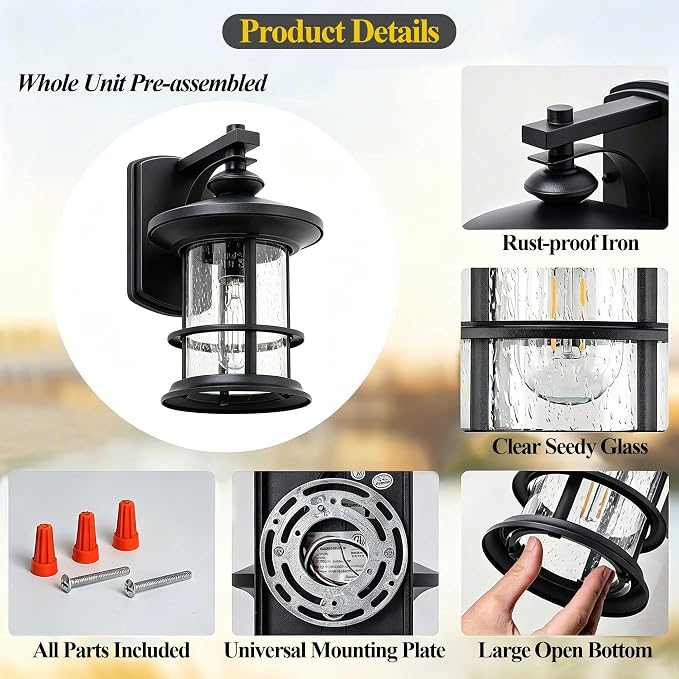 MICSIU 100W Max Modern Industrial Black Outdoor Sconce Lantern Light | 2 Pac 10 Inch Metal Exterior Wall Light with Clear Seedy Glass, Anti-Rust Outside Lighting for Entryway, Garage, Bathroom