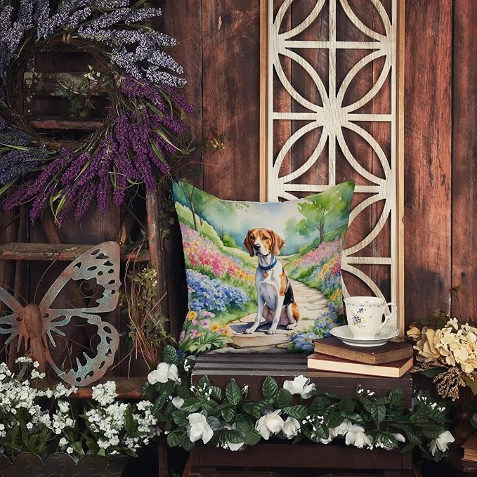 Caroline's Treasures English Foxhound Spring Path Throw Pillow Machine Washable, Indoor Outdoor Decorative Pillow for Couch, Bed or Patio, 14Hx14W