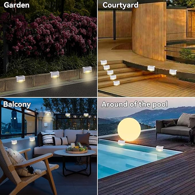 8 Pack Solar Deck Lights Outdoor Small Waterproof LED Step Lamp Outside Decoration Lighting for Stairs, Railing, Fence, Patio, Pool, Balcony, Retaining Wall, Patio, No Drill Instal(White Shell)
